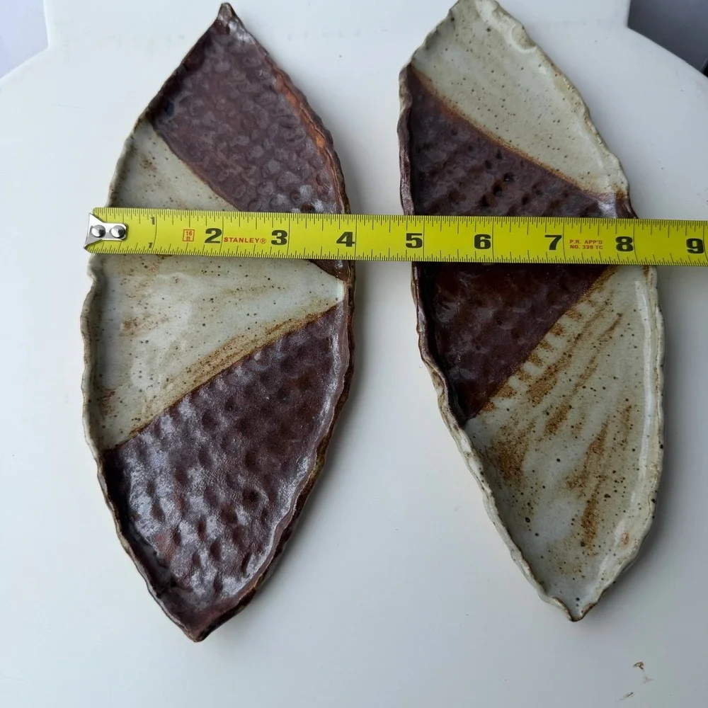 Set of 2 Artisan Handmade Pottery Leaf Trays Brown Cream Glaze Signed Ceramic